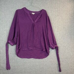 Lily White Purple Blouse XL Long Sleeve Tie‎ Cuff Hi-Low Hem Casual Top